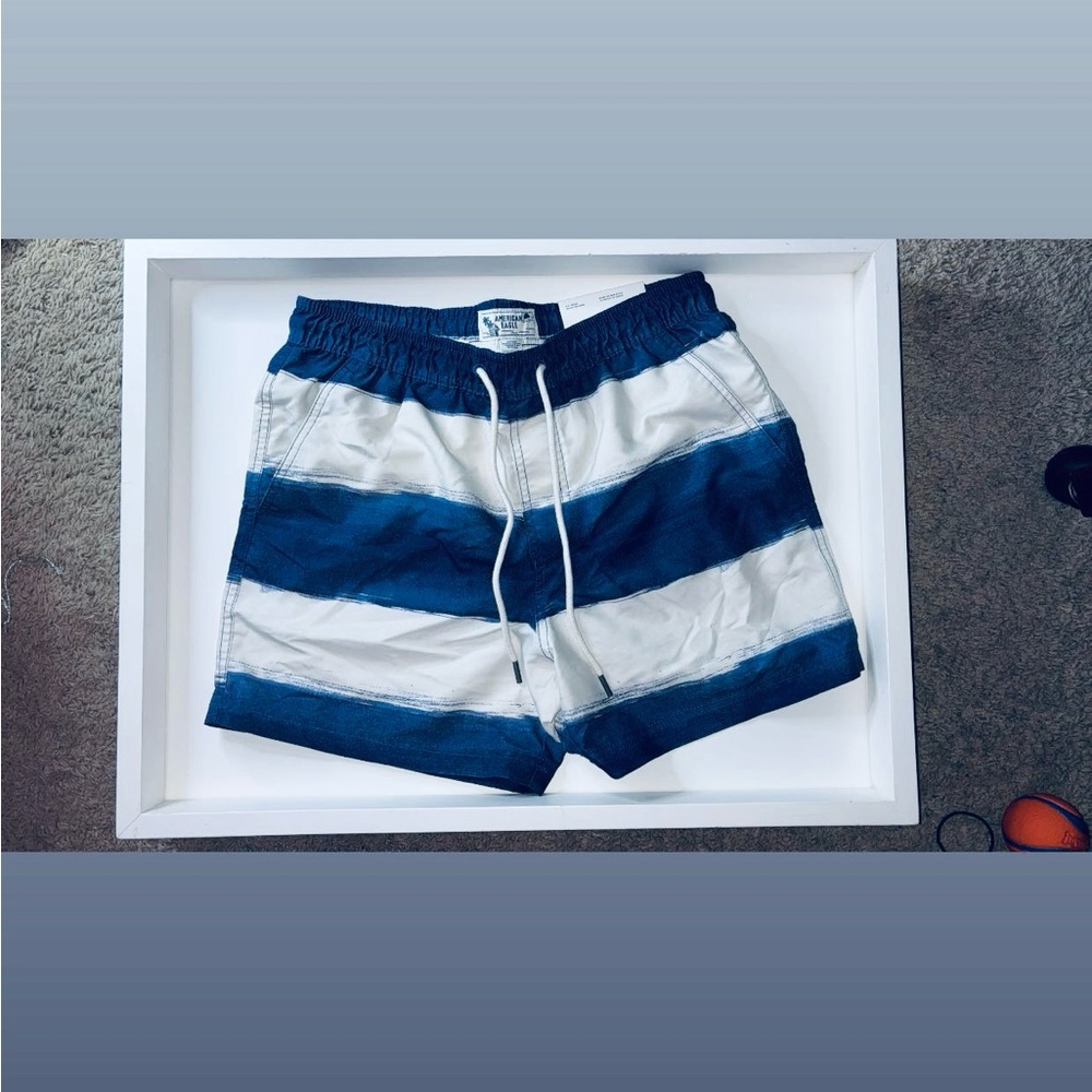 American Eagle Outfitters Navy & White Stripe Swim Trunks
